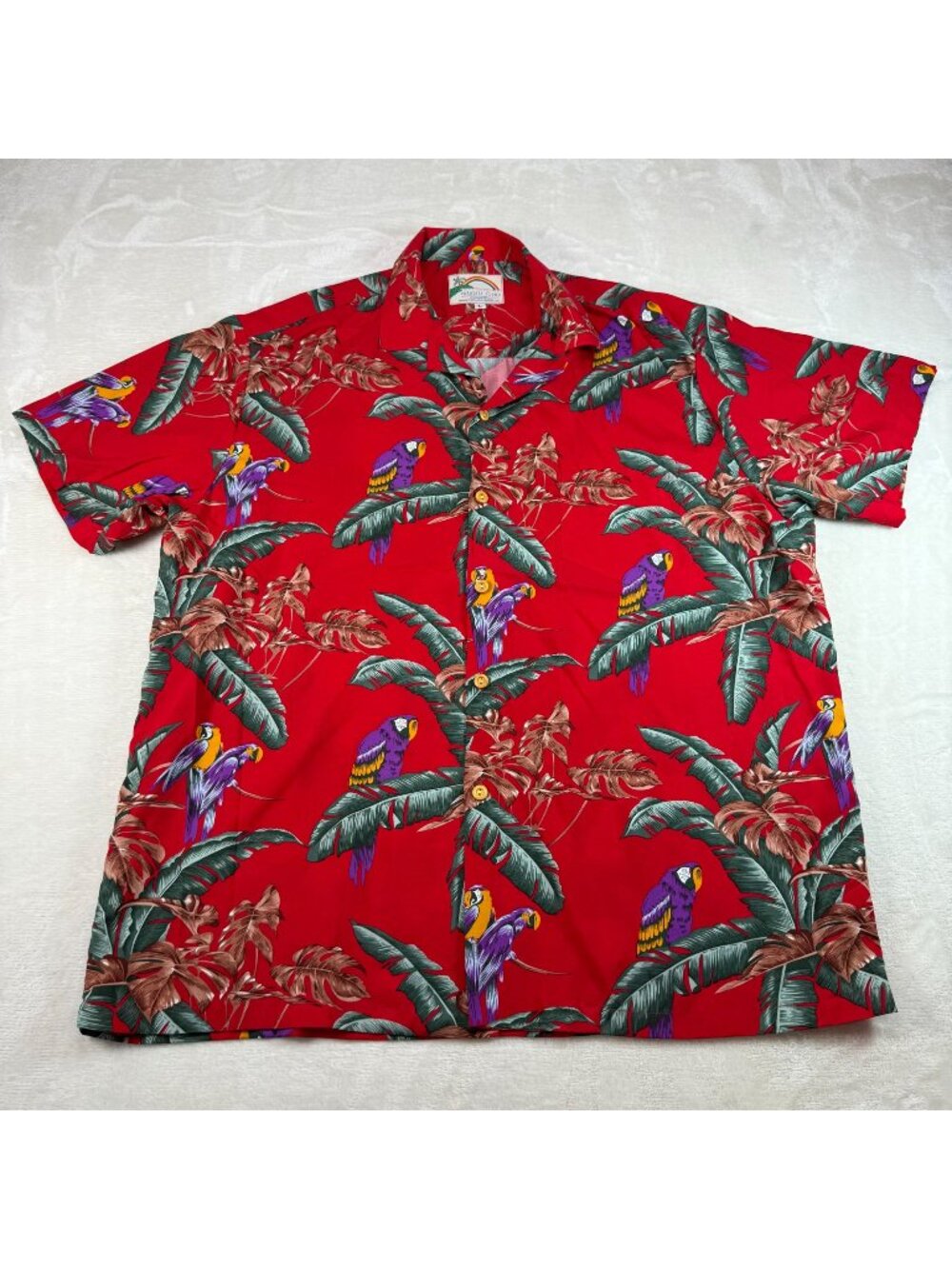 Vintage Paradise Found Magnum P.I. Hawaiian Shirt Red USA Made Mens L Bird Jungl